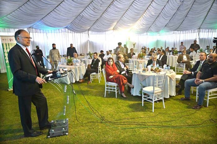 Federal Minister for Planning Development and Special Initiatives Prof. Ahsan Iqbal addressing a launching ceremony of Pak-UK Education Gateway (Phase-II) at HEC H-9 Sector.