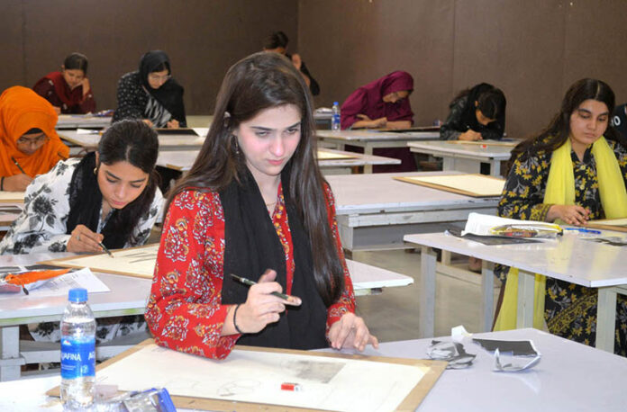 Students appearing in entry test of painting for admissions 2024-25 in Shaheed Allah Buksh Soomro (SABS) University of Art, Design and Heritage.