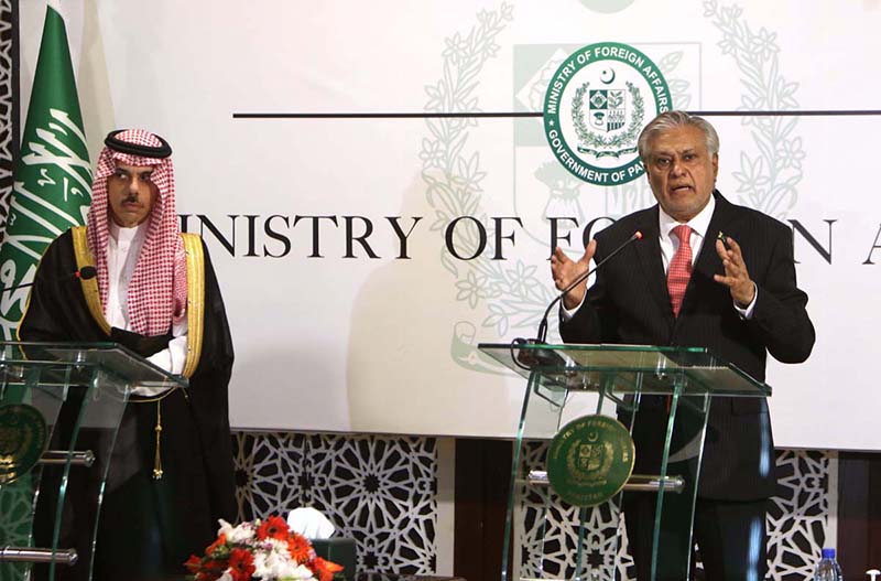 Foreign Minister, Mohammad Ishaq Dar and Foreign Minister of the Kingdom of Saudi Arabia Prince Faisal Bin Farhan Al Saud are addressing Press Conference at Ministry of Foreign Affairs. A 