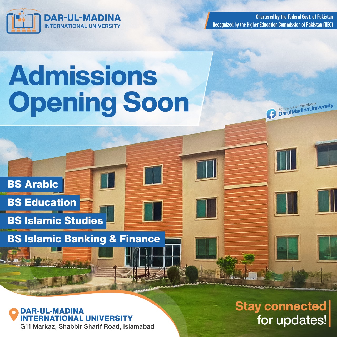 Admissions start at Dar-ul-Madina International University for diverse undergraduate programs