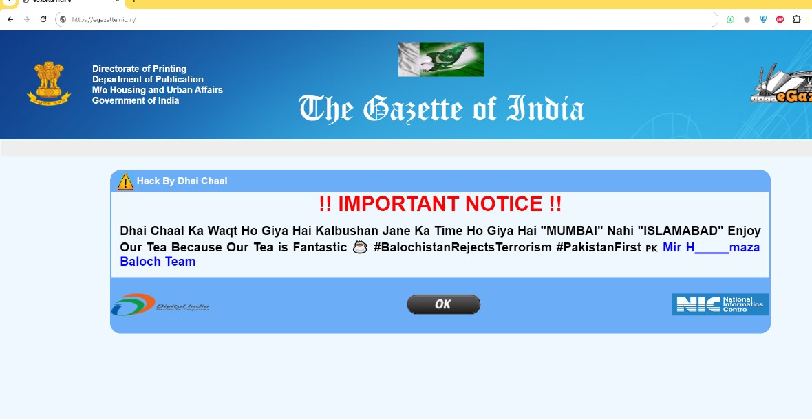 Indian govt’s Gazette website hacked, publish movie Dhai Chaal