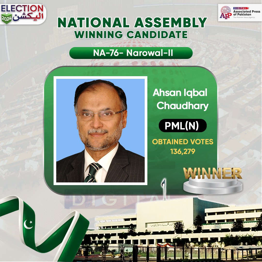 PML-N’s Ahsan Iqbal Chaudhary wins NA-76 election