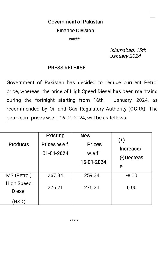 Govt announce reduction of Rs 8 in petrol price